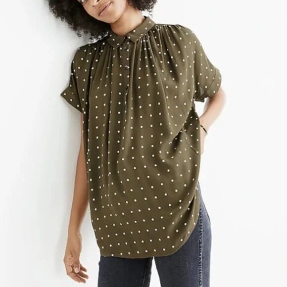 Madewell ~ Central Drapey Popover Shirt Green Polka Dot - Picture 1 of 6